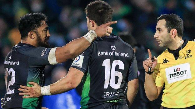 Referee Mathieu Raynal responds to Bundee Aki after the Connacht player confronted him after the final whistle in Galway