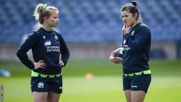 Mairi McDonald (L) and Caity Mattinson during a Scotland women's rugby training session at BT Murrayfield