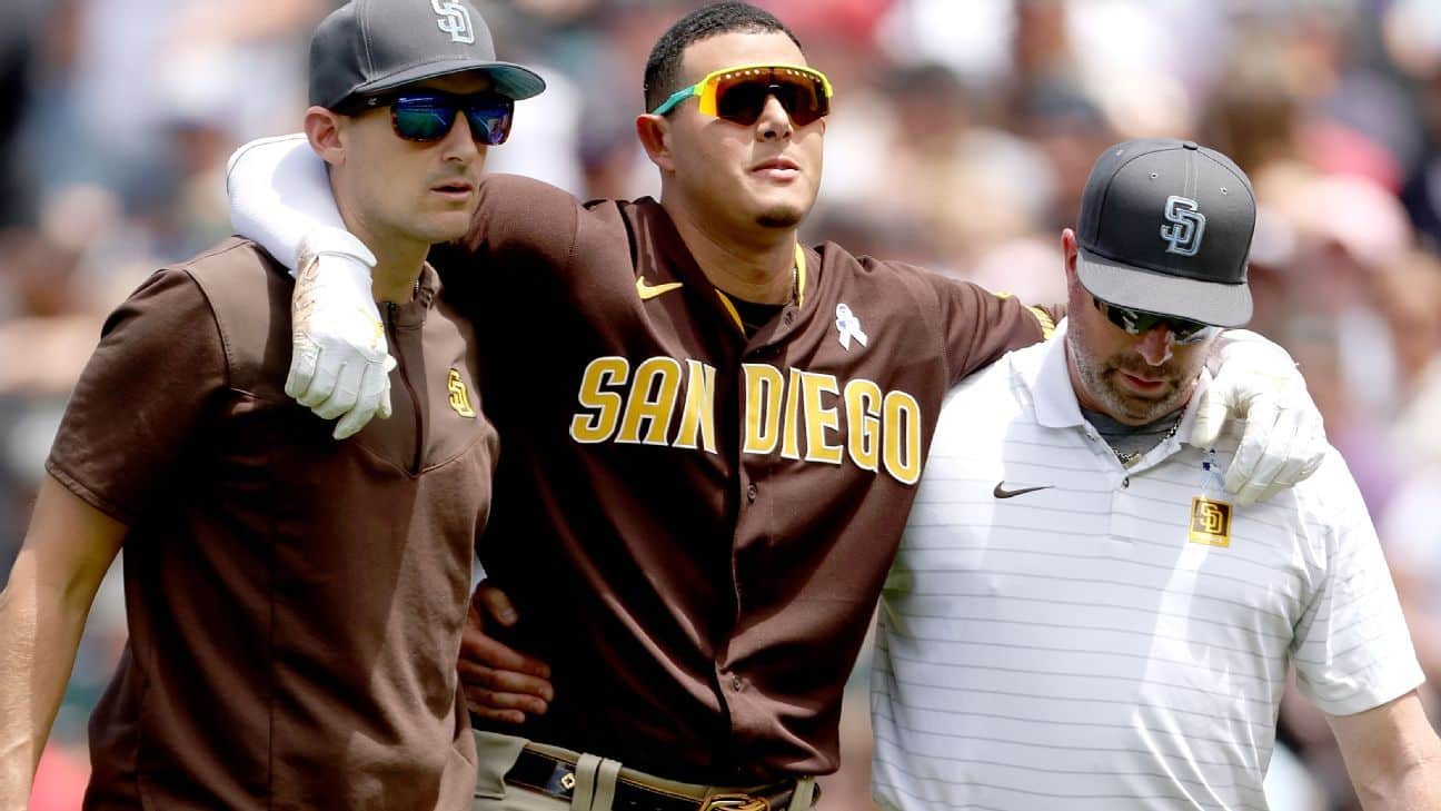 San Diego Padres' third baseman Manny Machado is out of the game after injuring his left foot in the first inning.