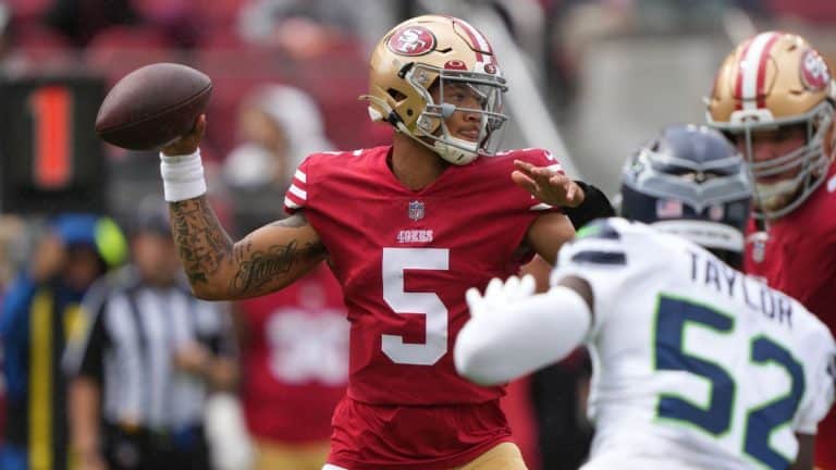 Trey Lance, San Francisco 49ers, is out with an ankle injury. Jimmy Garoppolo takes on the Seattle Seahawks