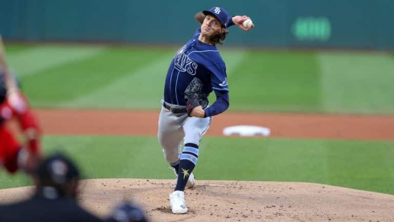 Tyler Glasnow allowed one run in three innings of his first start with the Tampa Bay Rays, June 2021