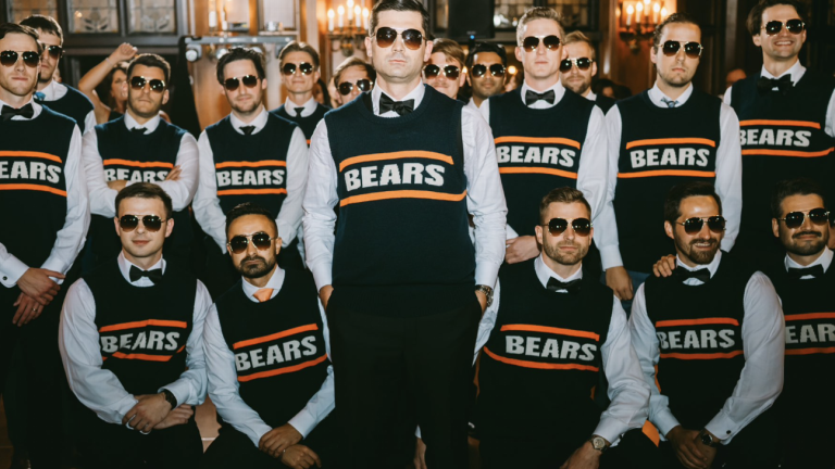 Chicago Bears followers costume as Mike Ditka throughout wedding ceremony