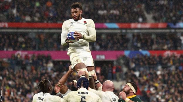 Courtney Lawes takes the ball from a line-out against South Africa